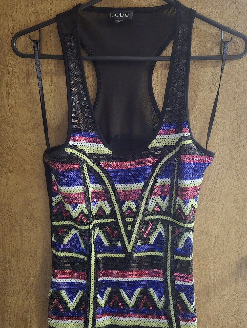 bebe Black Sequin Geometric Racerback Tank with Multicolor Accents